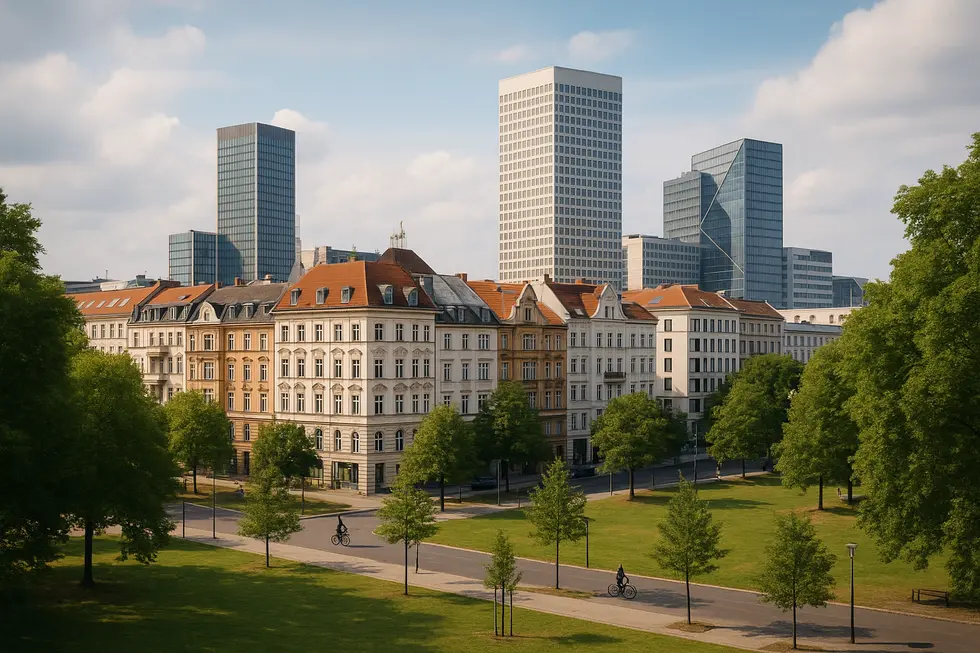 Berliner Skyline mit Altbau- und Neubau-Architektur, umgeben von Grünflächen und städtischen Elementen.