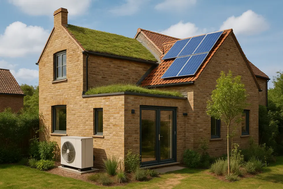 Ein renovierter Altbau mit ökologischen Elementen wie Solarzellen und grünem Dach, Symbol für nachhaltige Modernisierung.