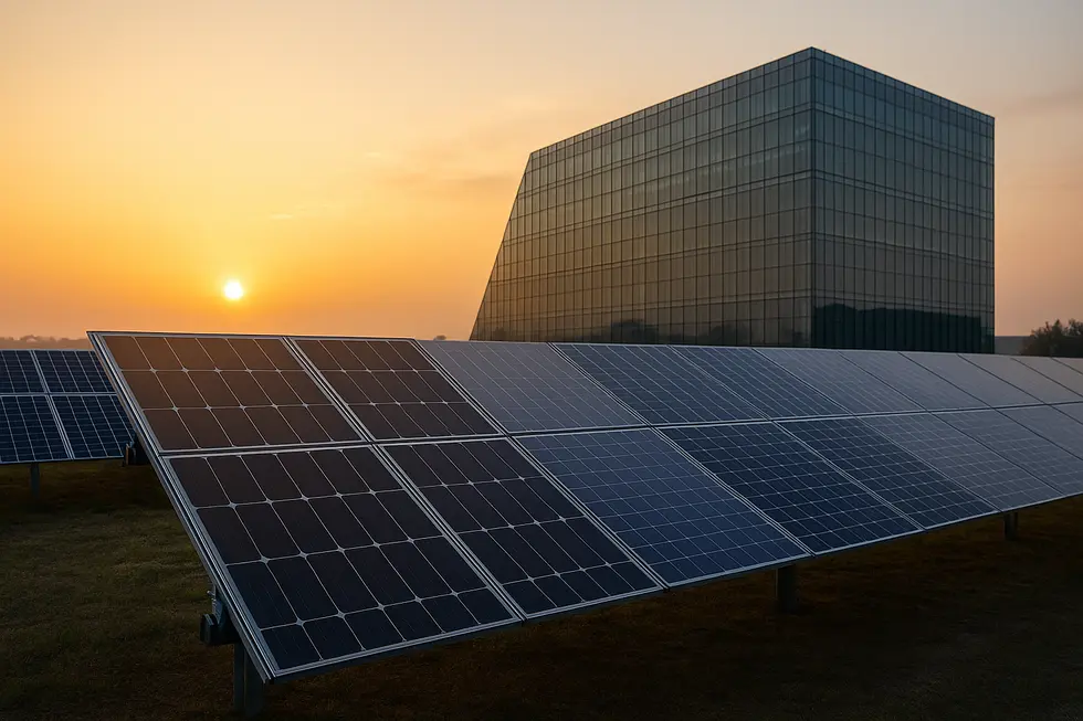 Ein Solarfeld mit modernen Photovoltaik-Technologien und ein Gebäude mit integrierter Photovoltaik-Fassade bei Sonnenaufgang.